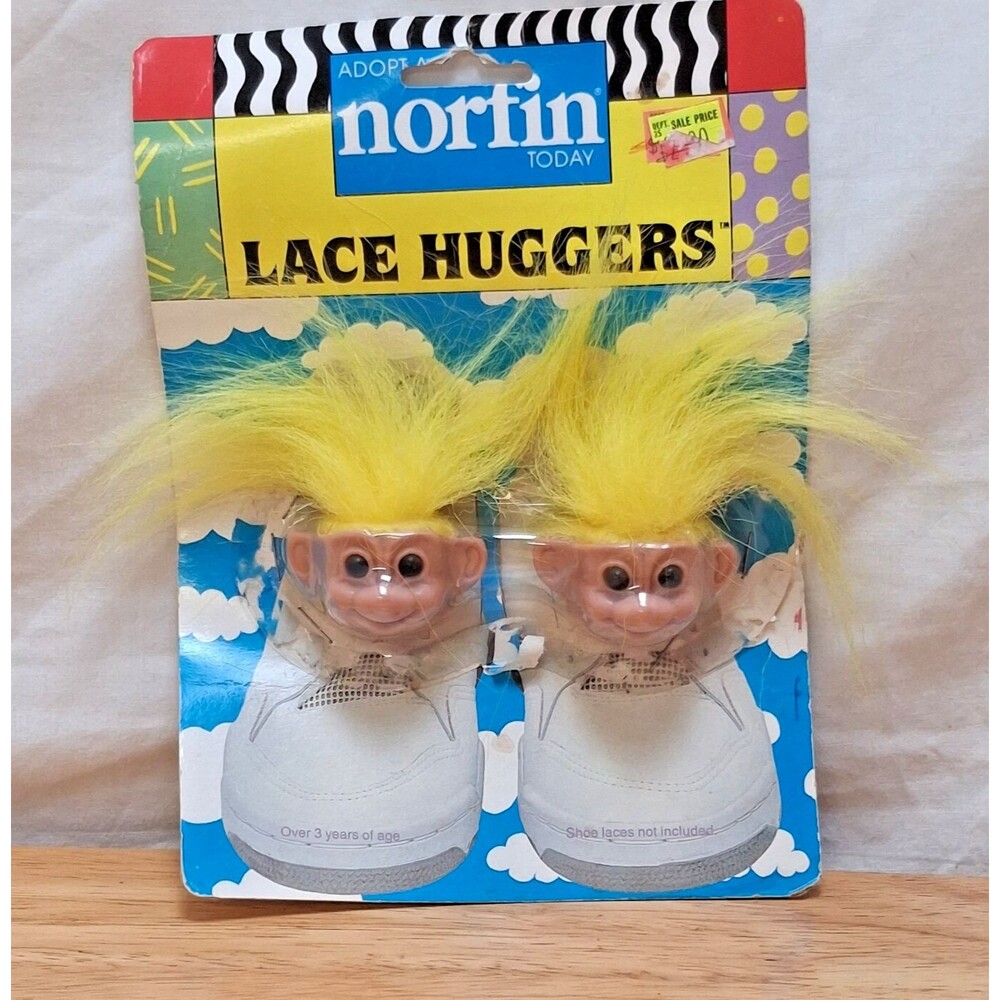 1991 Vintage Norfin Trolls Lace Huggers Yellow Hair Shoelace Clips Street Kids